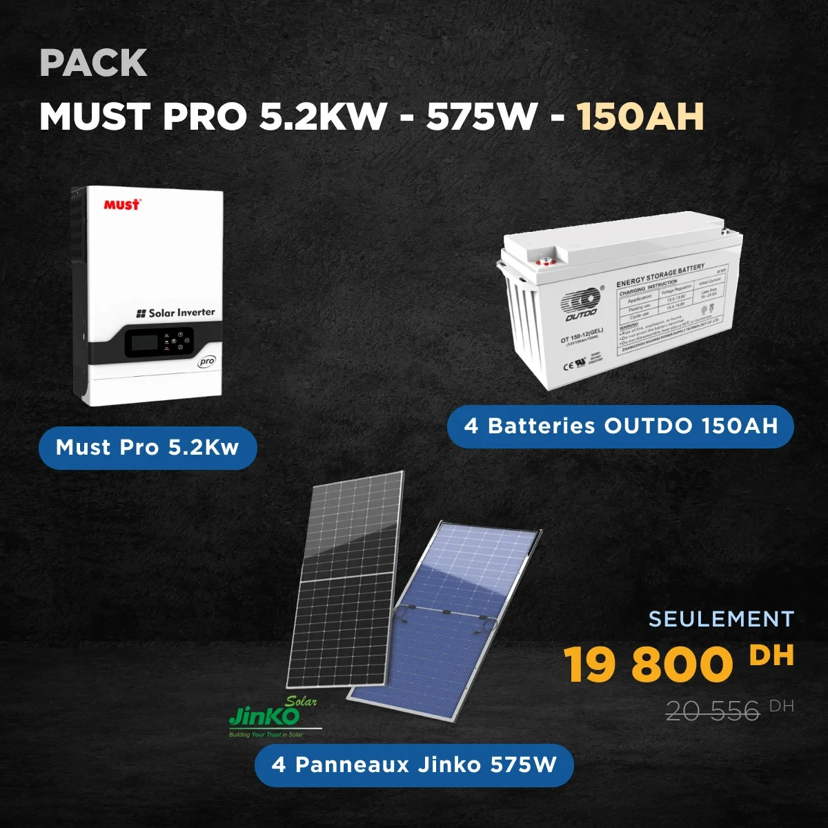 Pack 5.2KW | 150 AH - Panneaux Solaires Jinko - Batterie solaire - Onduleur Hybride